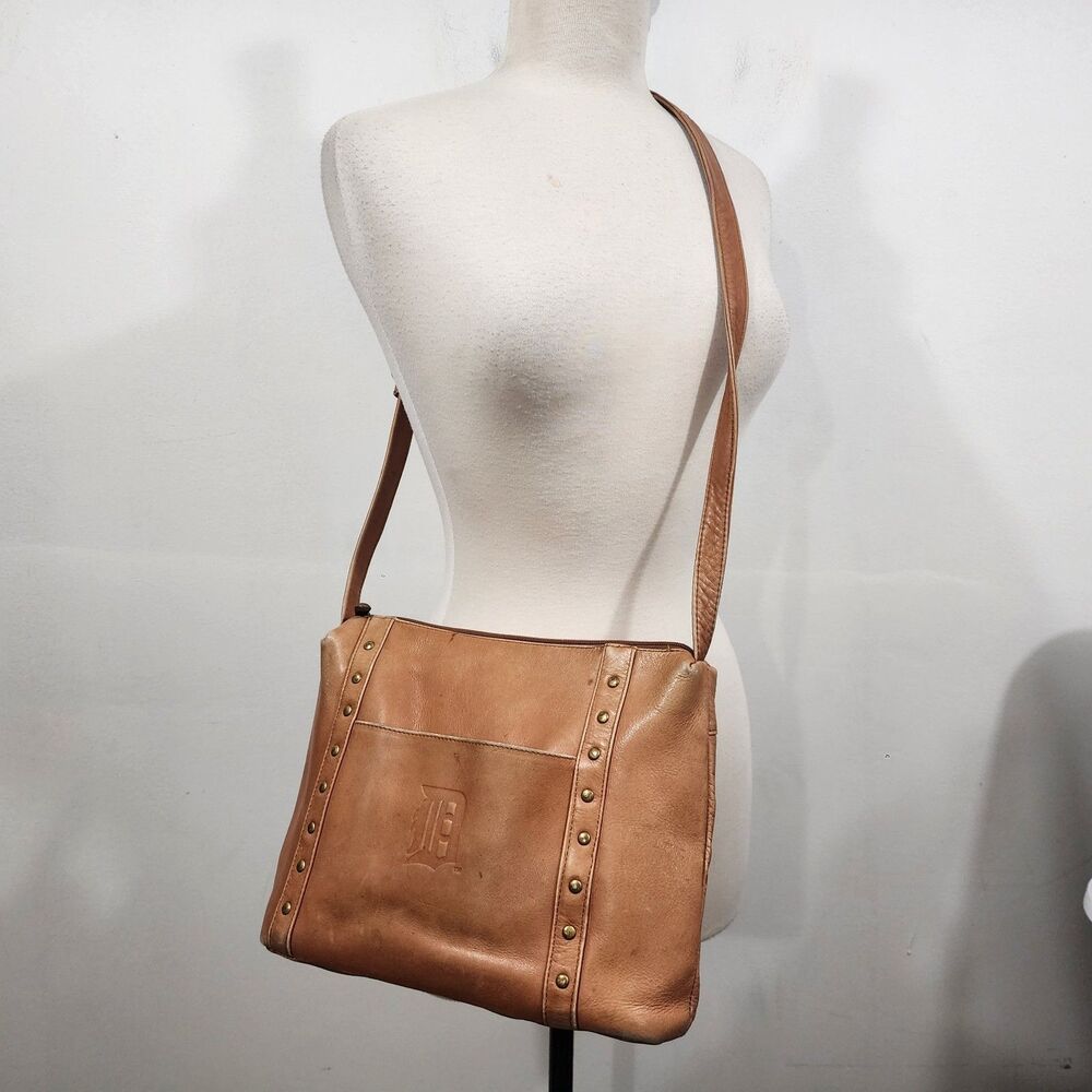 Leather Zip Top Handbag Purse Crossbody Bag Detroit Tigers MLB Brass Stud 11x9x4